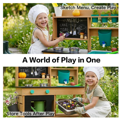 Mud Kitchen for Kids Outdoor, Wooden Play Kitchen with Real Working Faucet & Water Tank, Sensory Montessori Kitchen Playset with Sink, Chalkboard, Pots & Pans for Toddlers & Kids Ages 3+