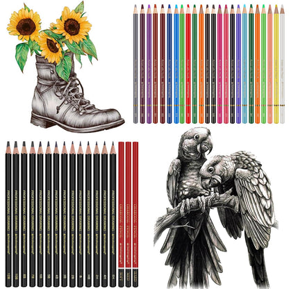 Heshengping Sketching Drawing Art Pencil Kit-50 Piece Set with 24 Color Pencils for Coloring Books, 14 Graphite 3 Charcoal Erasers Etc., Artist Supplies Ideal for Adult, family friend, Beginner