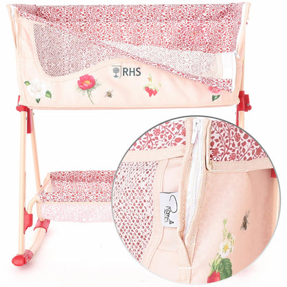Roma Prams: RHS Doll Bedside Crib - Flora - Cream & Red, Rocking & Stationary, Bedtime Accessory, Adjustable Height, Storage, Roleplay Toy, Kids 3+