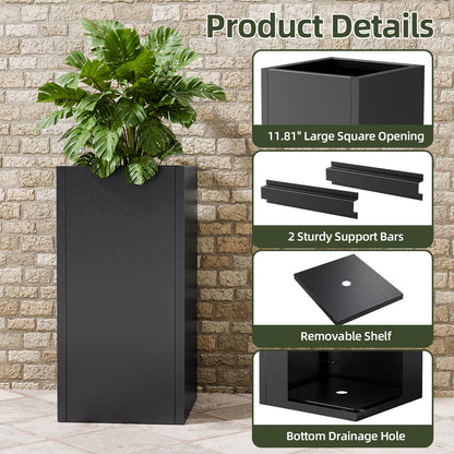 Diyfire Black Tall Metal Planters Box for Outdoor Plants 4 Pack- 23.6" H Steel Tall Square Planter with Removable Insert Shelf, Modern Heavy Duty Pedestal Planter Front Porch Decor Patio Garden