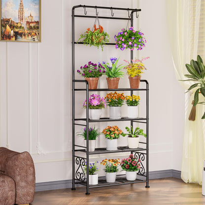 Plant Stand Indoor Outdoor Heavy Duty Metal - 68.4" Tall 4-Tier Shelf for Multiple Plants, Flowers, Rustproof Black Storage Rack for Patio, Balcony, Living Room, Garden, Includes Hooks&Adjustable Feet