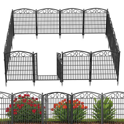 12 Panels No Dig Decorative Garden Fence with Gate, GATKITOM 31.3in(H) x 26ft(L) Rustproof Animal Barrier Metal Dog Fence Outdoor for Yard, Patio, Temporary Garden Fencing with Ground Stakes