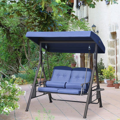 Outsunny 2-Person Patio Swing Bench with Adjustable Shade Canopy, Soft Cushions, Throw Pillows and Tray, Dark Blue