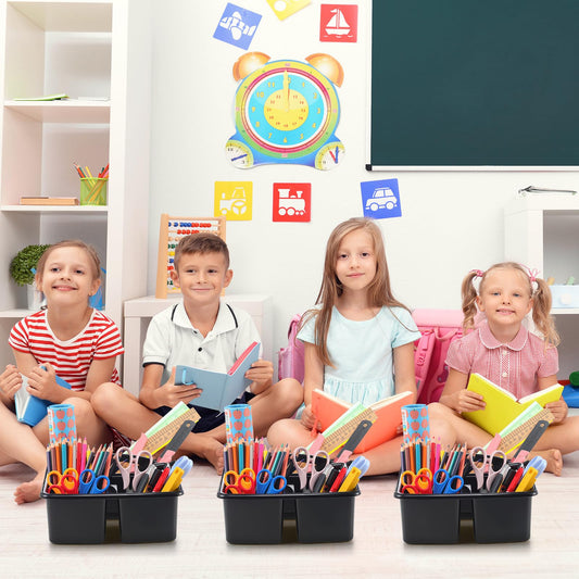 Threehoney 12 Pack Classroom Caddy Storage Basket with Handle 3 Compartment Plastic Storage Caddy Bulk for Arts Office Crafts Pencil Crayon Marker School Supplies(Black)