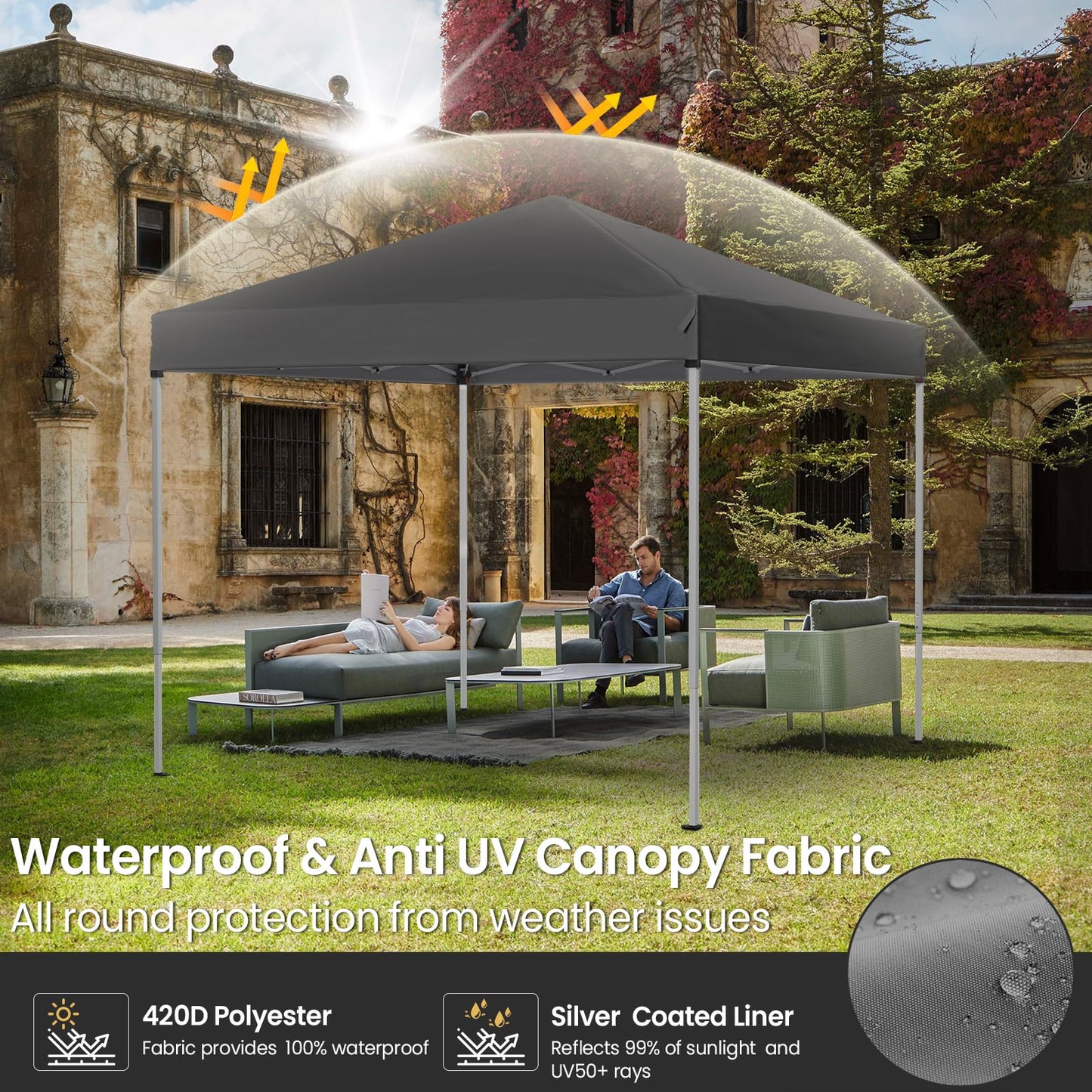 PHONWHON Shades 10x10 Pop Up Canopy, Heavy Duty Beach Tent with Carrying Bag for Easy Moving, Sun Shelter for Parties, Events, Camping, Outdoor Gazebo with 420D PU Coated Waterproof Grey Fabric