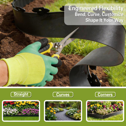 1.5in x 100ft No Dig Landscape Edging, Garden Edging Border with 150 Spikes, Hammer & Gloves, Tool-Free HDPE Lawn Edging Kit for Garden Yard Flower Beds Pathway Landscaping Project