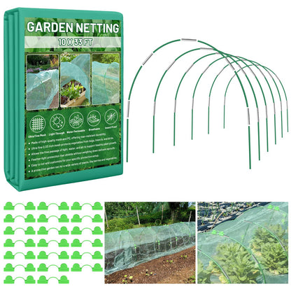 Sunwinx Garden Mesh Netting Kit for Raised Beds, 10x33FT Ultra Fine Mesh Netting& 6 Sets 8FT Fiberglass Garden Hoops, Insect Netting Row Cover, Pest Barrier Protection for Vegetable Fruits Flowers