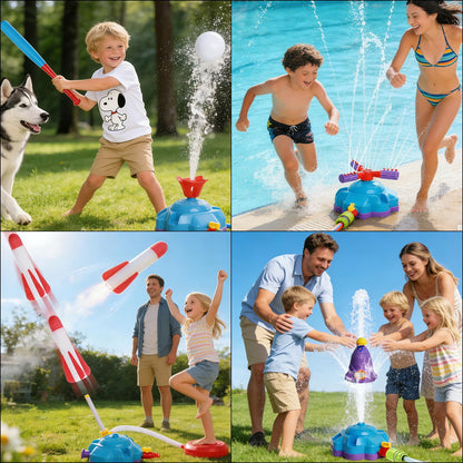 4-in-1 Water Sprinkler for Kids, Water Sprinkler Baseball Toy, Rocket Sprinklers, Rocket Launch Game, 360°Rotating Sprinklers Outdoor Summer Toys for Boys Girls