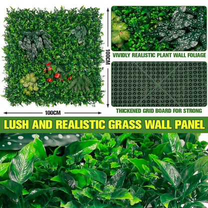 6pcs 39.37"X39.37" PE Artificial Grass Wall Panel, 8-Plant Mixed Foliage, Easy DIY Installation with Zip Ties, Indoor Outdoor Privacy Screen for Home Garden Wedding Decoration