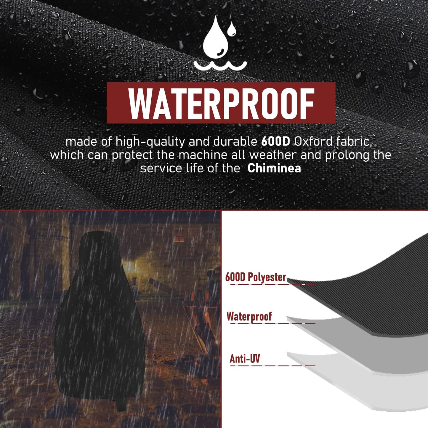 Chiminea Cover Outdoor Waterproof Chiminea Fire Pit Cover Heavy Duty Durable Chimineas Protection Cover with Drawstring (Black, 24D x 48H in)