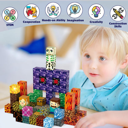AIDYVOI 100pcs Magnetic Blocks, Magnetic Building Blocks Toys STEM Construction Toys Toddlers Age 3-8, Light Up Magnet Cubes Montessori Sensory Stacking Toy for Boys Birthday Gift