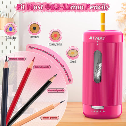 AFMAT Electric Pencil Sharpener, Auto in & Out, 5 Nibs, 7K+ Uses, Fully Automatic Classroom Pencil Sharpener, Rechargeable Hands-Free Sharpeners for Jumbo/Colored Pencils (φ6.5-12mm) PSC3(Rose Red)