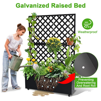 IDEALHOUSE 72" Raised Garden Bed with Trellis, Galvanized Steel Planter Box with Lockable Wheels, Mobile Privacy Screen for Climbing Plants Outdoor Patio Balcony, Black