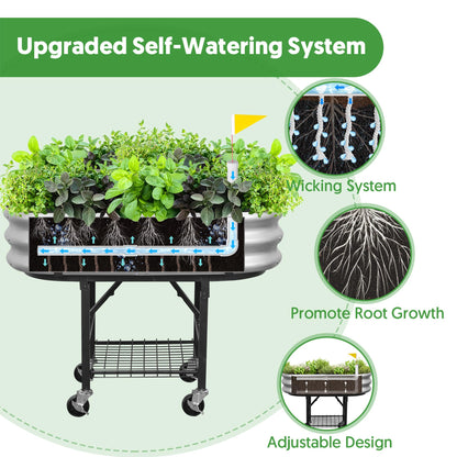 Self-Watering Raised Garden Bed with Legs and Heavy Duty Wheels, Easy-Install Planter Box with Foldable Stand, Galvanized Metal Elevated Wicking Bed with Liner for Indoor Outdoor Gardening