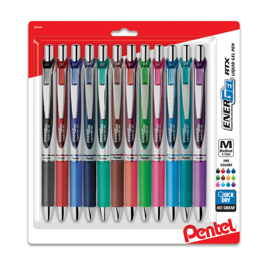 Pentel EnerGel RTX Retractable Liquid Gel Pens, (0.7mm), Assorted Colors, Ultimate Writing Pens, Best Writing Pens for Office, School and Journaling, Pack of 12
