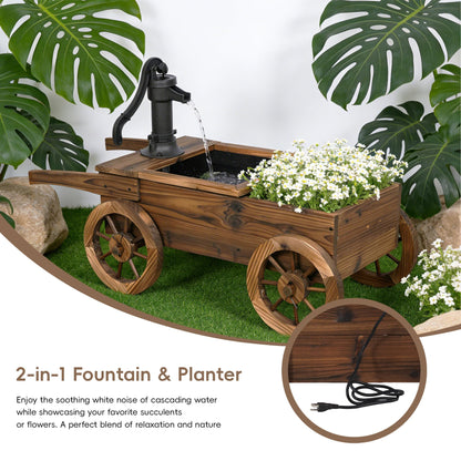 Outdoor Water Fountain, Wooden Wagon Garden Fountain with Planter Box, Rustic Cart Water Feature with Retro Hand Pump, Decorative Outdoor Flower Pot for Patio & Backyard, Plug-in Electric