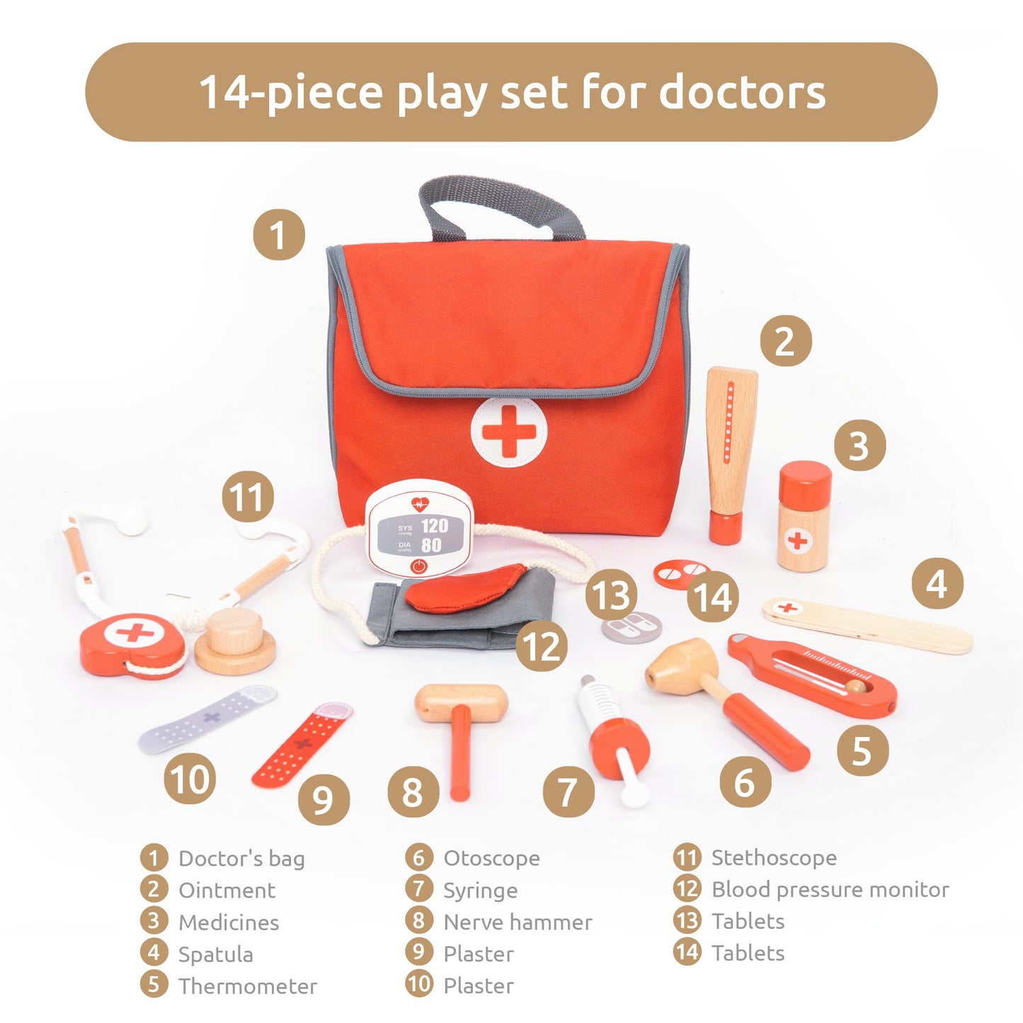 UMU® Wooden Mini Doctor Kit for Kids – 14 pcs Medical Playset for Toddlers with Stethoscope, Syringe, Doctor Bag, Blood Pressure Cuff & More – Pretend Play Set for Boys and Girls Ages 3 4 5 6