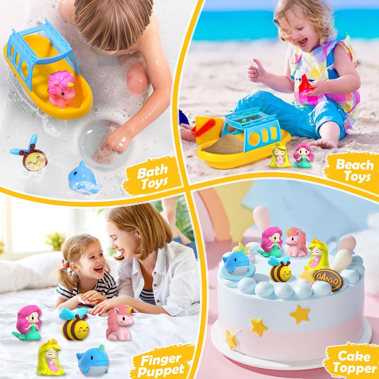 Oriate Mermaid Princess Finger Puppets Bath Toys(5 PCS) for Kids Toddlers 1-3 with Bath Boat, Baby Bathtub Shower Toys, Animal Whale Bee, Floating Water Beach Pool Toys Easter Eggs