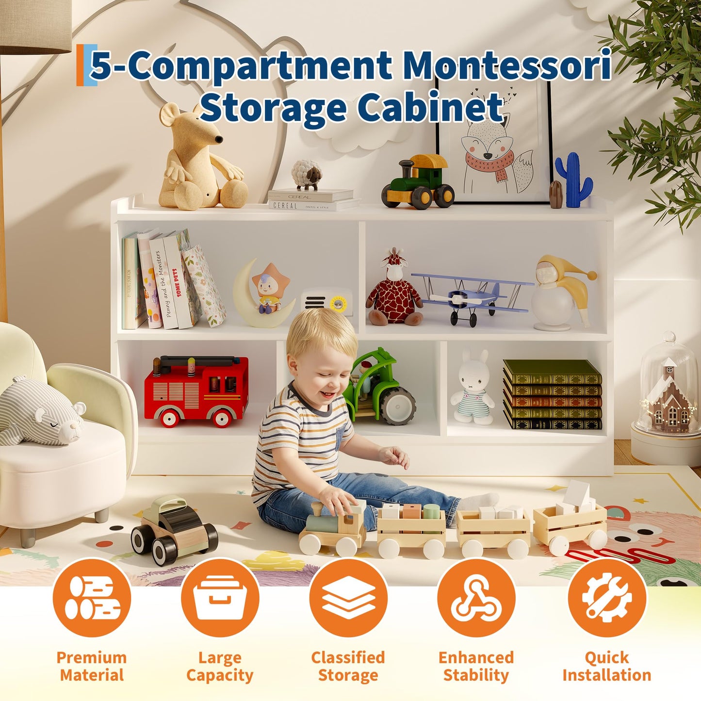 GarveeLife Wooden Bookshelf, 5-Section 2-Tier Toy Storage Organizer, Open Shelving Kids Book Shelf for Playroom Nursery Classroom Kindergarten