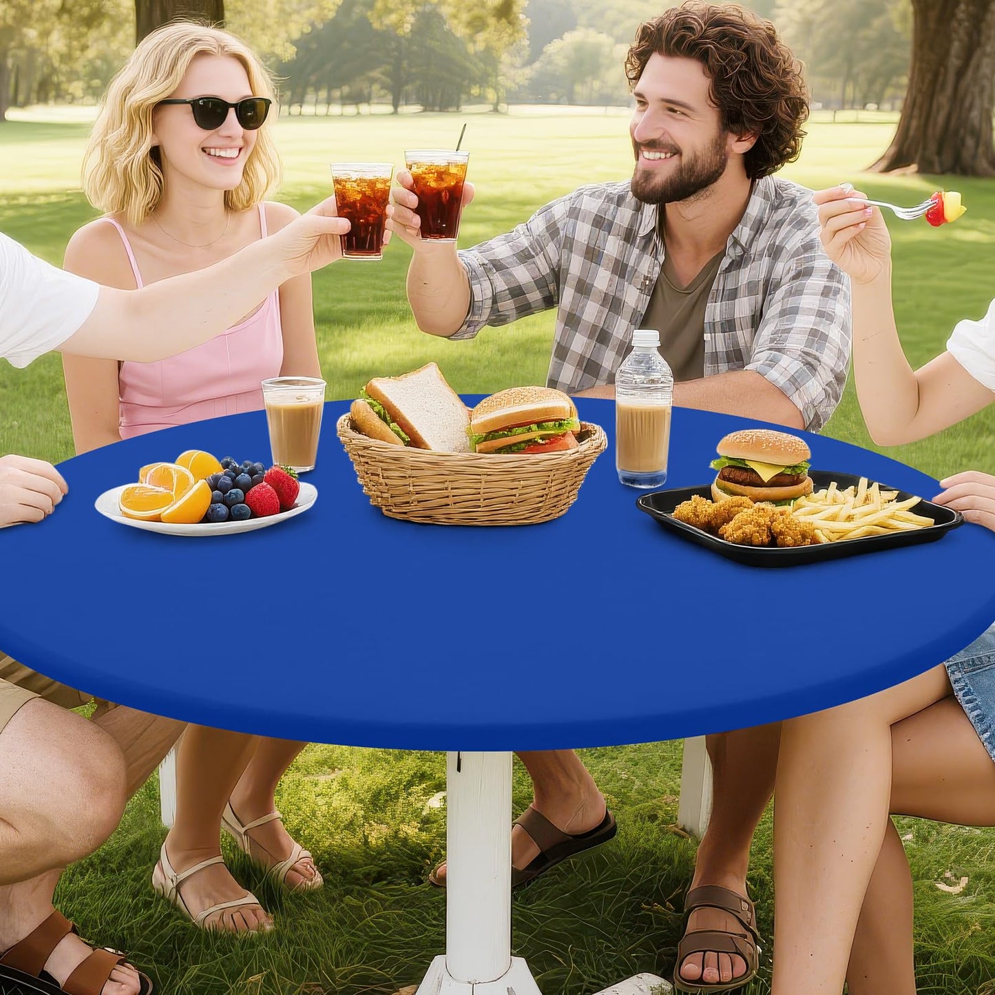 Smiry Round Spandex Tablecloth, Elastic Fitted Washable Tablecloths for 31"-35" Tables, Waterpoof Stretch Picnic Table Cover for Dining, Indoor and Outdoor, Blue