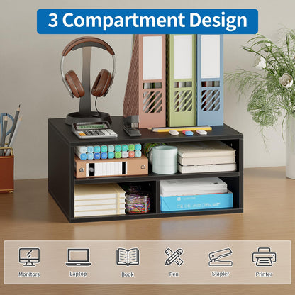 ALISENED Printer Stand for Desk, 2-Tier Wooden Desk Organizer with Adjustable Compartments, Heavy Duty Desktop Stand for Printer Scanner Monitor, Space Saving Office Organization and Storage, Black