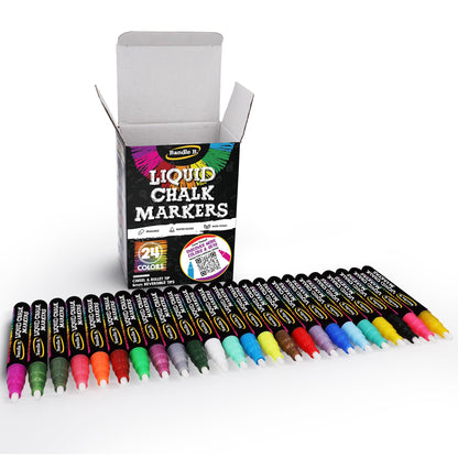 Bandle B. Chalk Markers - 24 Vibrant, Erasable, Non-Toxic, Water-Based, Reversible Tips. For Glass or Chalkboard Markers for Businesses, Restaurants, Liquid Drawing Chalk (Vibrant 6mm)