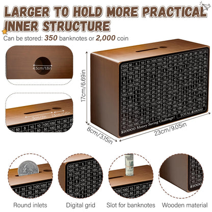 Wooden Money Saving Box, Cash Vault Savings Box for $10000 $5000 $3000 $1000 $800 $500 Target Money Saving Challenge, Reusable Money Box with Counter, Dry Erase Pen/Savings Trackers/Rubber Band-Brown
