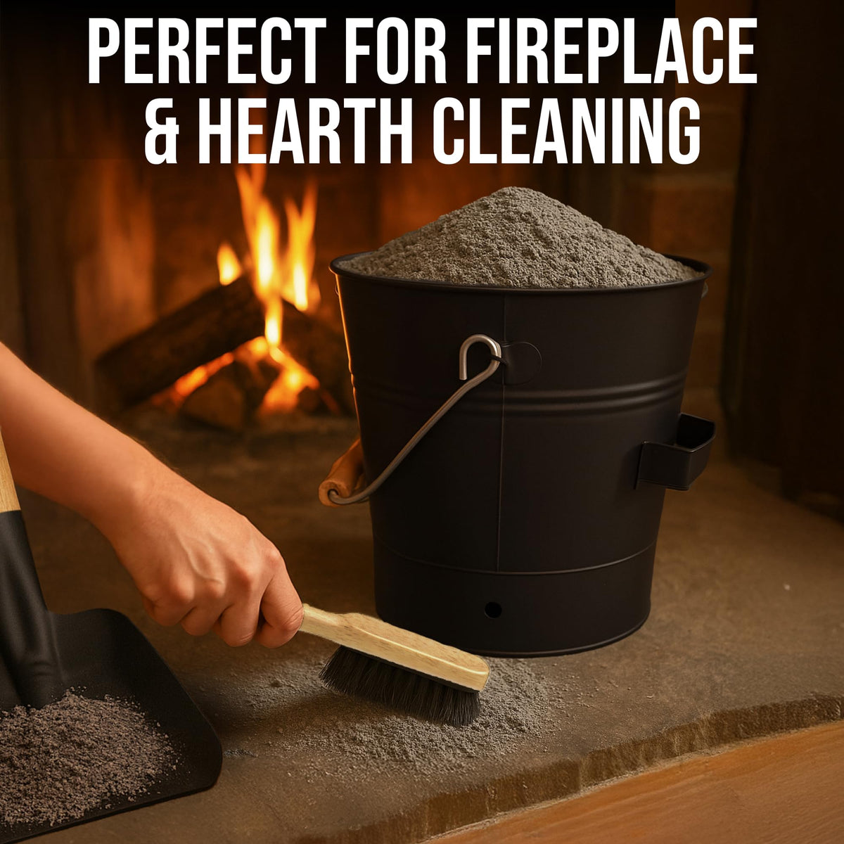 Smedley & York Mini Ash Bucket with Lid, Includes Fireplace Tools, Pail, Shovel and Broom, 1.5 Gallon Charcoal Metal Bucket with Lid, Coal Bucket and Ash Can, Galvanized Iron Ash Bucket for Fireplace