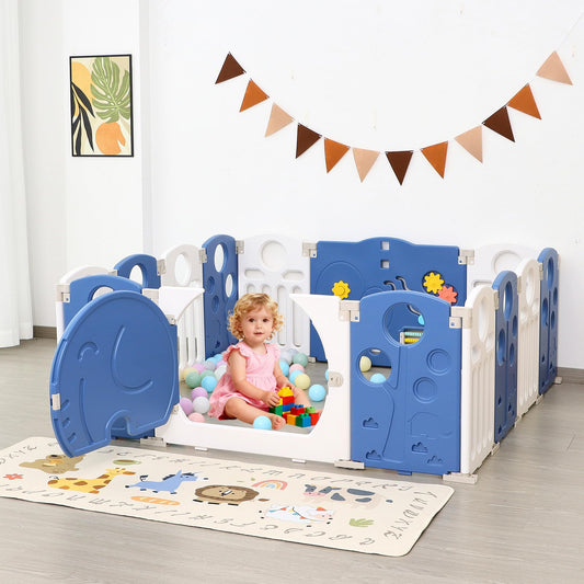 HAPPYMATY Baby Playpen, 14-Panel Foldable Play Pen for Babies and Toddlers, Indoor Outdoor Baby Fence with Sensory Play Panel, Adjustable Shape Activity Play Center, Portable & Easy Assemble