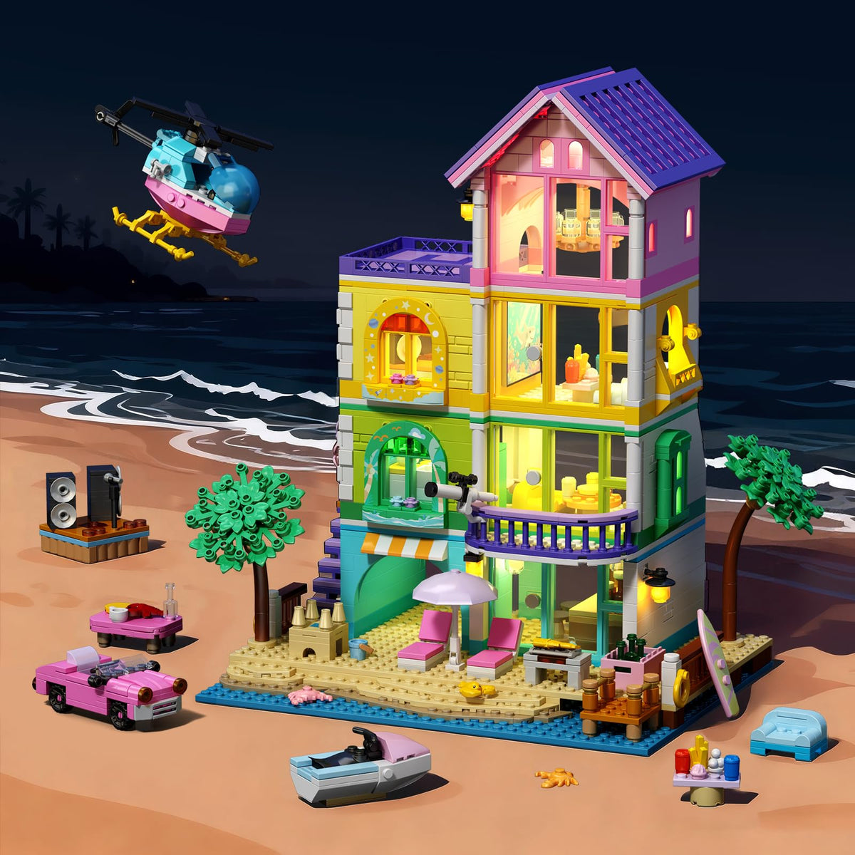 Beach House Building Set with Light, NO Compatible with Lego Friend House for Girls Age 8-12, 1346PCS Mini Bricks Seaside Villa, Creative Holiday Cottage Building Kits, for Girl 8-14