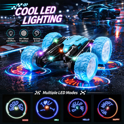 Titrot Remote Control Car for Kids, 360° Rotating Stunt Car, Double-Sided Driving, 2.4GHz RC Car, Rechargeable All-Terrain Toy, LED Glowing Wheels with Projection, for Boys & Girls Ages 4-8