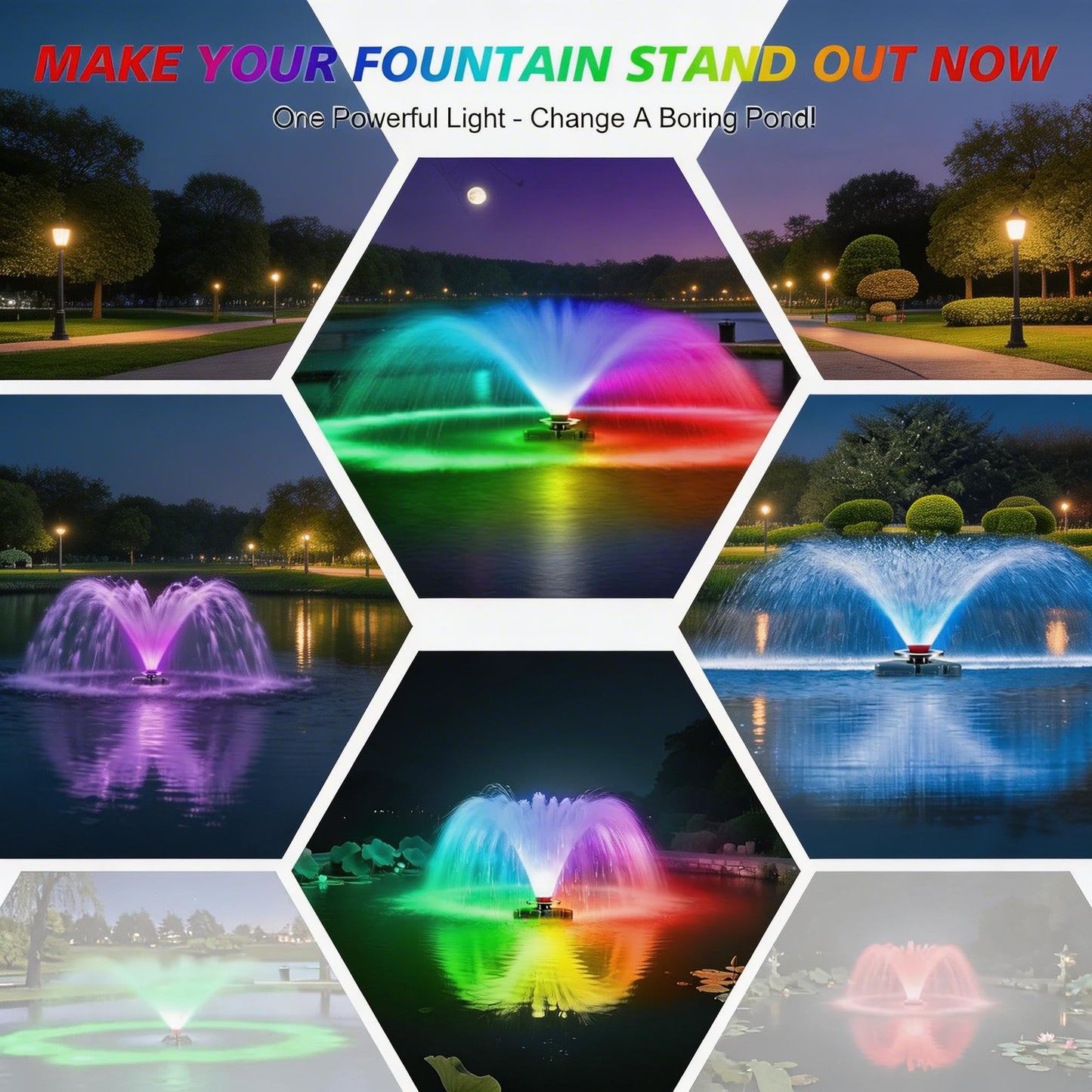 Pond Fountain Aerator Lights RGBW 20000LM LED Fountain Light with 100FT Power Cord AC 120V, 100ft Cable with Controller IP68 Waterproof,Wireless Sync Control with Most Pond Aerators