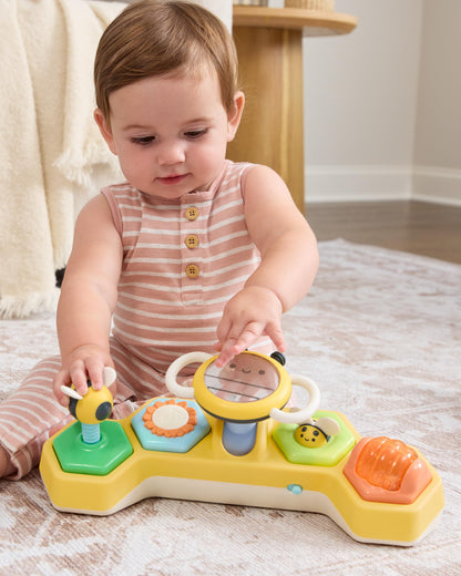 Skip Hop Tummy Time & Seated Play Cause & Effect Developmental Baby Toy with 5 Activities and 2 Ways to Play, Lights, Songs and Sounds, Farmstand See & Bee Steering Wheel, Age 3m+