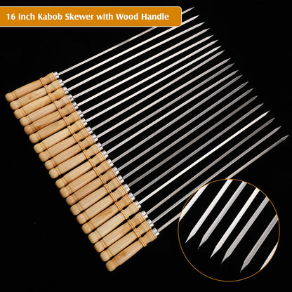 Minatee 16 Inch Kabob Skewer with Wood Handle for BBQ Camping Cookware Campfire Grill Cooking, Stainless Steel, Metal Skewers for Kabobs with Wood Handle (50 Pcs)