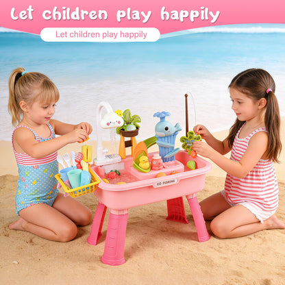 AZTWMYS Upgraded Toddler Sand Water Table Toy with Electric Water Pump, Kids Sand Water with Faucet/Play Food Accessories/Fishing Toy, Kitchen Play Sink Toys for Girl Boy Age 3+ (Pink)
