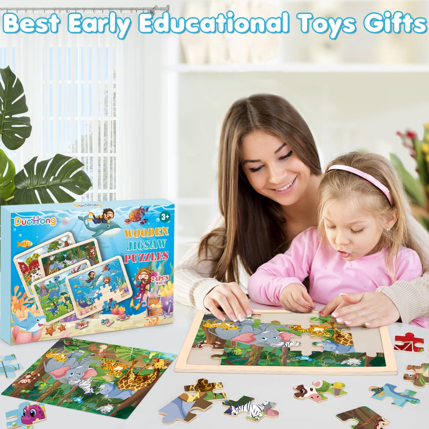 Puzzles for Kids Ages 4-6, 4 Packs Wooden Animals Jigsaw Puzzles for Toddlers Ages 3-5, Preschool Educational Puzzles Boards Toys Gifts for 3 4 5 6 Boys Girls