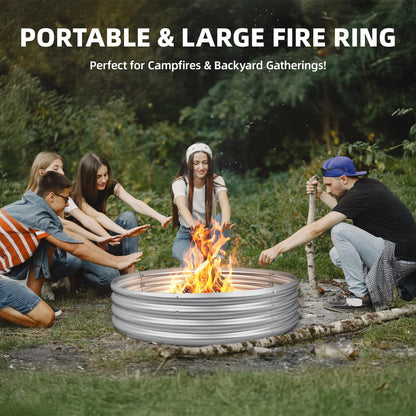 48 Inch Fire Pit Ring for Outside, 4FT Diameter Wood Burning Fire Ring, Large Round Galvanized Steel Fire Pit, Metal Outdoor Fireplace for Backyard, Patio, Camping, Bonfire (Silver)
