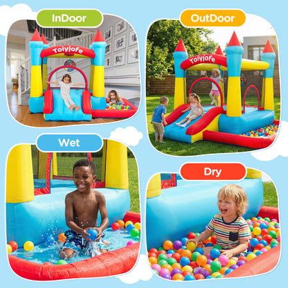 Bounce House for Kids 3-6, with Slide & Ball Pit & Hoop, 5-in-1 Small Indoor Outdoor Inflatable Bouncy Castle, Toddler Jump House for Backyard Family Home Birthday Party, Includes 370W Blower