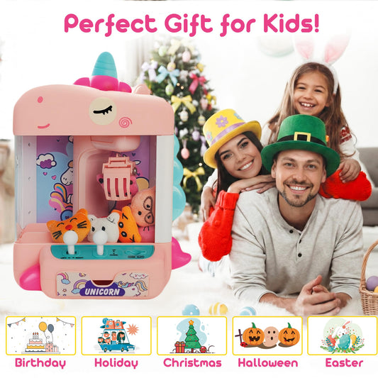 Claw Machine for Kids - Mini Arcade Game - Vending Machine - Candy Grabber Toys - Silent Mode, Lights, USB - Plush Toys & Easter Eggs, Surprise Stickers - Fun Gift for Kids, Boys & Girls (Unicorn)
