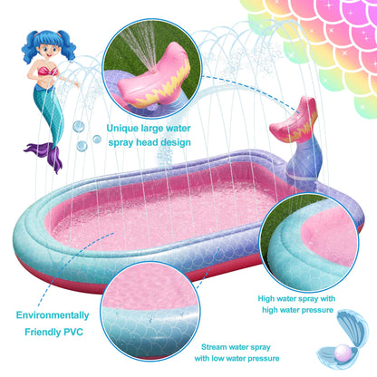 Ancesfun 65" Mermaid Splash Pad & Sprinkler for Kids, Large Outdoor Water Play Mat Summer Inflatable Wading Pool, Fun Sprinkler Water Toys for Toddlers Babies Boys Girls Age 3+ -Pink
