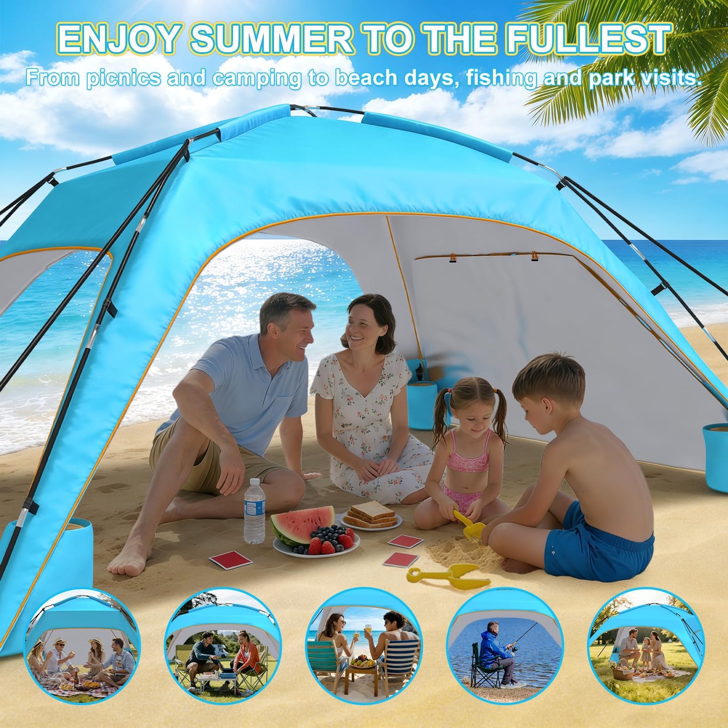 Beach Tent Sun Shelter for 6-8 Person, Beach Sun Shelter with UPF50+ UV Protection, Lightweight Beach Canopy, with Vent-to-Privacy Roll Curtain, Portable Shade Tent for Beach Camping Fishing