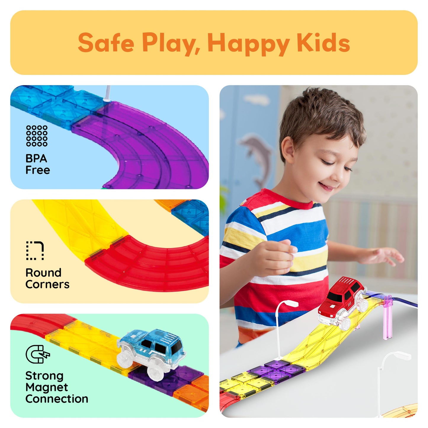 PicassoTiles 45pc Magnetic Tiles Race Track Set With 2 Racing Cars Plus Traffic Accessory Kit STEM Educational Learning Construction Building Magnet Tile Toy For Toddlers Boys Girls Kids Age 3+ PTR451