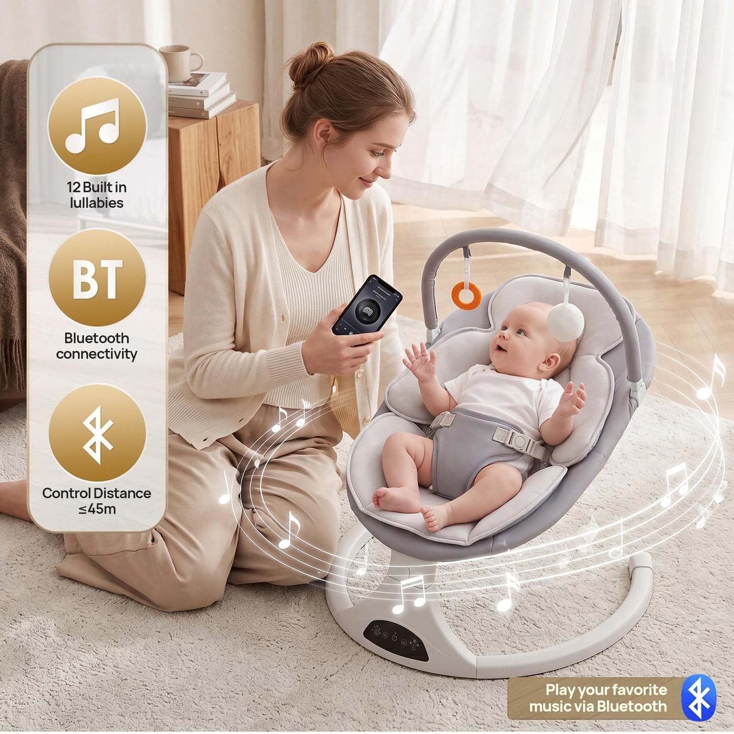 Electric Baby Swing with Remote Control - 5 Natural Motion Speeds, Detachable Seat Pad | Portable Infant Swing for Indoor/Outdoor Use (0-6M, 20lbs) (Gray)