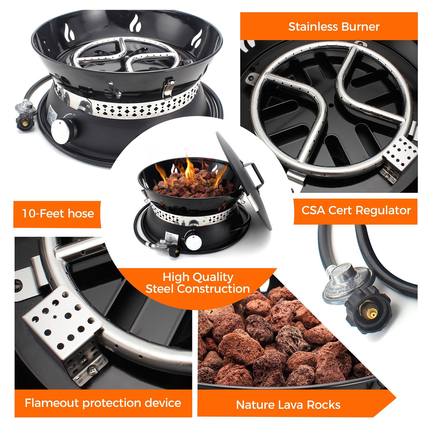 19" Propane Gas Fire Pit with Auto Flame-Out Gas Shut-Off, Portable with Lid & Carry Handle, 58,000 BTU, 10 FT Hose, 8 lb Lava Rocks for Camping, RV, Patio, Backyard,Propane Fire Pit for Camping