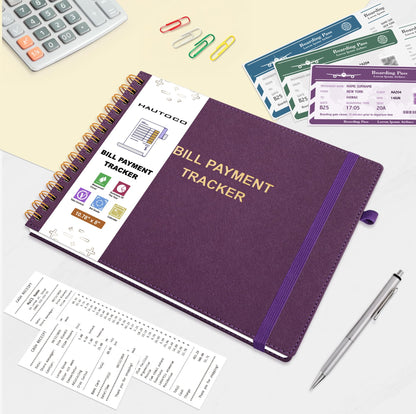 HAUTOCO Hardcover Bill Tracker Notebook Horizontal Monthly Bill Payment Organizer for Personal Budgeting Home Finance with 2 Storage Pocket Expense Checklist Tracking Planner 10.78 x 8'', Deep Purple