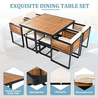 Merax 9 Pieces Outdoor Dining Set for 8 People, Acacia Wood Patio Furniture Sets with 1 Square Table, 4 Cushioned Chairs and 4 Ottomans for Backyard, Garden, Lawn, Poolside, Space Saving Design, Beige