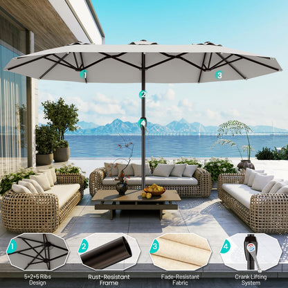 AreShark 15FT Outdoor Patio Umbrella with Crank, Large Rectangular Market Umbrella, Double-Sided Outdoor Umbrellas with Cross Base & Sandbag for Porch, Lawn, Pool, Backyard, Light Gray