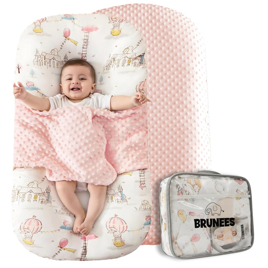 Baby Lounger Pillow for Newborn – Large Infant Lounger 0-24 Months | Anti-Startle Removable Wings, Breathable Mesh Core | 2-Sided Cotton & Minky Cover | Tummy Time Mat, Portable Baby Nest (Pink)