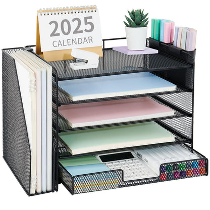 OPNICE Desk Organizer, 5-Tier Paper File Organizer with Drawer & Pen Holder, Office Desk Accessories, Workspace Desktop Organizer for Office Supplies(Black)