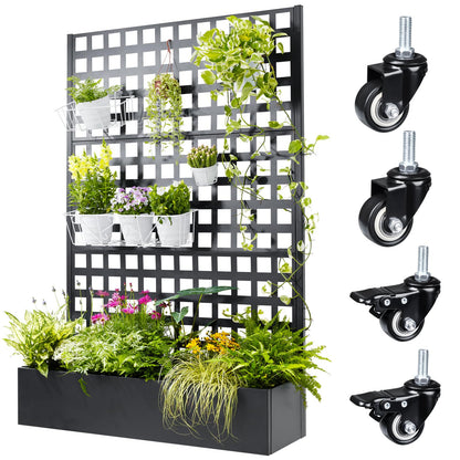 Metal Planter Box with Trellis, 71"x47"x16" Raised Garden Bed Outdoor with Privacy Screen & Lattice Trellis & Lockable Casters, Vertical Garden Box with Drainage Hole for Climbing Plants, Vegetable